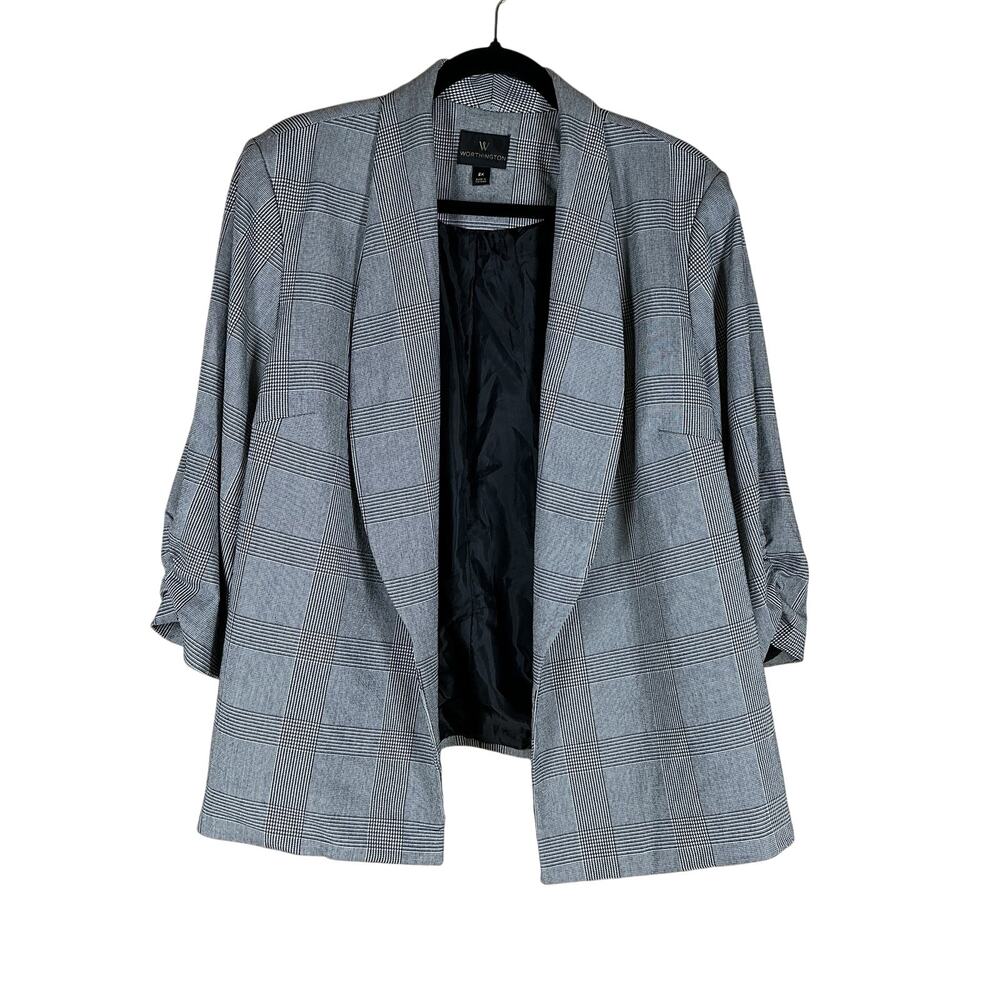 Worthington Blazer Women’s Plus 2X Gray Black Plaid Open Front Work Office